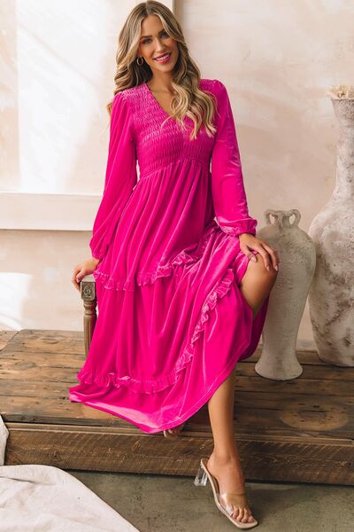 Hot Pink V-Neck Balloon Sleeve Tiered Dress