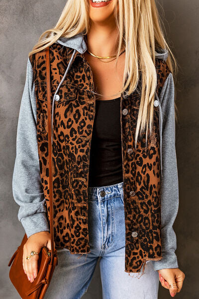 Leopard Drawstring Hooded Denim Jacket